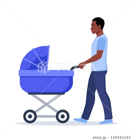Young daddy walks with a baby in a stroller. Black Man with newborn son or daughter on walk in baby carriage. Vector illustration. 120342283