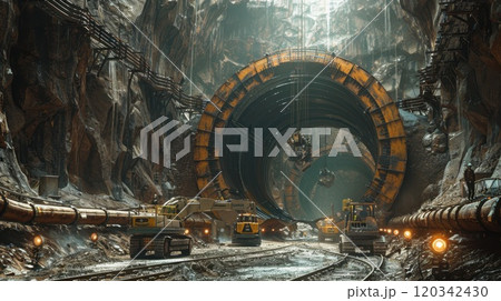 Construction of a tunnel of a high-speed railway line. Construction of a large tunnel in the mountain Construction of a tunnel of a high-speed railway line. Construction of a large tunnel in the mountain 120342430