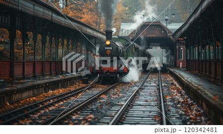 An old steam locomotive passage on rails is approaching the station 120342481
