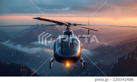 At sunset, a helicopter flies over the night city. Night helicopter flight over the city 120342486
