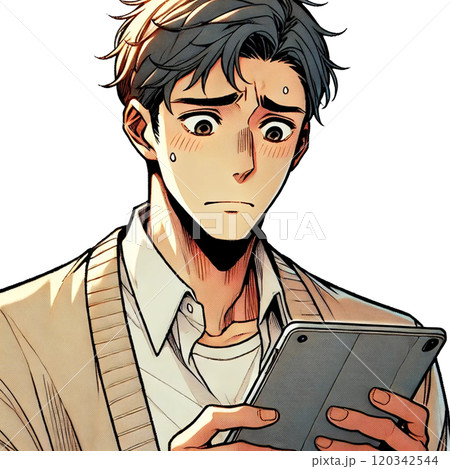 タブレットを見て悩む男性 透過素材 120342544