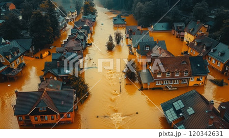 Top view of the disaster site. Houses in the village are flooded with water up to the roofs 120342631