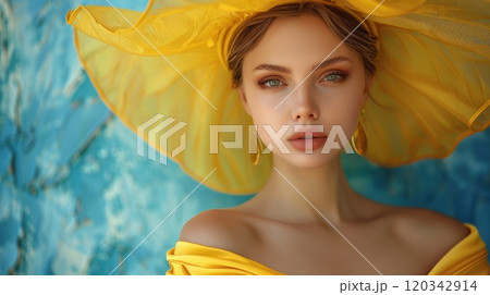 An elegant woman in a yellow hat on a blue background. Portrait of an elegant lady in close-up on a blue background An elegant woman in a yellow hat on a blue background. Portrait of an elegant lady in close-up on a blue background 120342914