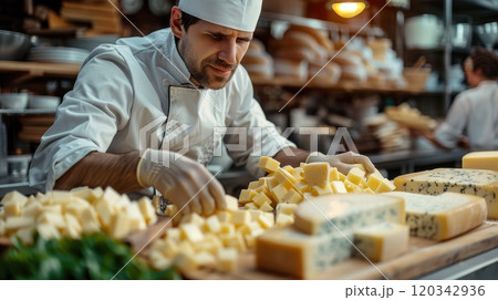 The cheese maker is worth working with a lot of different cheeses. A man in a uniform is engaged in the production of cheese 120342936