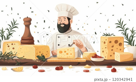 The cheese maker is behind the counter with a lot of different cheeses. A man in a uniform on the background of a cheese platter. Illustration 120342941