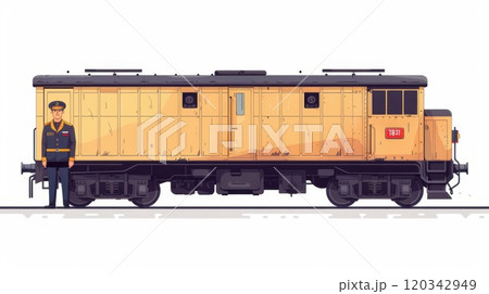 A machinist on the background of a freight car. Portrait of a male machinist. Illustration 120342949