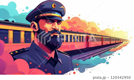 A machinist on the background of a freight car. Portrait of a male machinist. Illustration 120342950