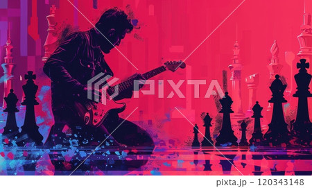 Man with guitar playing chess on abstract background. Singer with a guitar at a concert on the background of chess. Illustration Man with guitar playing chess on abstract background. Singer with a guitar at a concert on the background of chess. Illustration 120343148