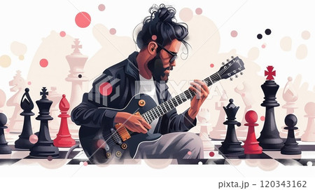 Man with guitar playing chess on abstract background. Singer with a guitar at a concert on the background of chess. Illustration 120343162