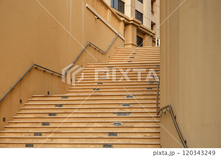 A narrow staircase between walls and tall buildings in an eastern city A narrow staircase between walls and tall buildings in an eastern city 120343249