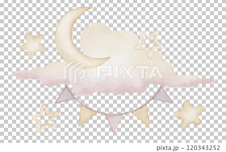 Crescent moon, Cloud and stars watercolor illustration. Sleep, good night, sky, sweet dreams. Dreamy drawing with celestial object for childish room wall art and baby shower greeting card. Crescent moon, Cloud and stars watercolor illustration. Sleep, good night, sky, sweet dreams. Dreamy drawing with celestial object for childish room wall art and baby shower greeting card. 120343252
