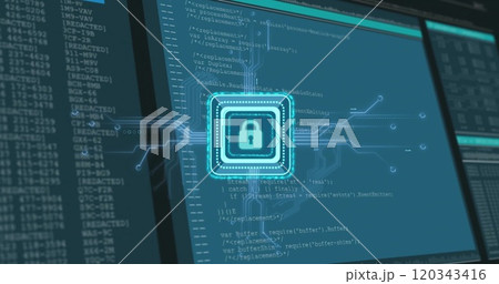 Image of padlock icon and digital data processing over computer screens Image of padlock icon and digital data processing over computer screens 120343416