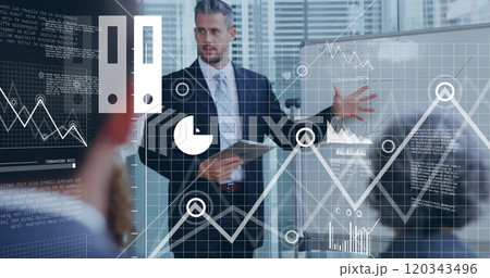 Image of financial data processing over diverse business people in office 120343496