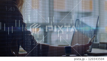 Image of diagrams and data processing over businesswoman using laptop 120343504