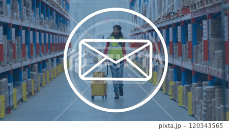 Image of envelope icon over biracial female worker in warehouse Image of envelope icon over biracial female worker in warehouse 120343565