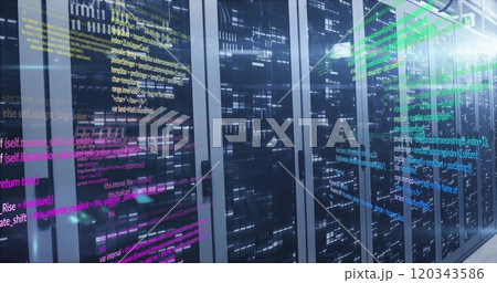 Colorful code lines image over server racks in data center Colorful code lines image over server racks in data center 120343586
