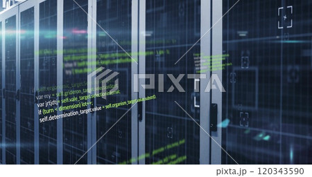 Computer code image over server racks in data center 120343590