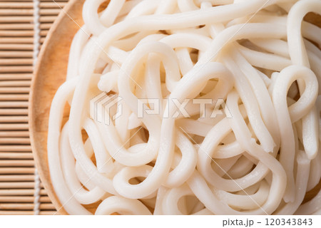 Udon noodles, Thick noodles in Japanese cuisine, Close up 120343843
