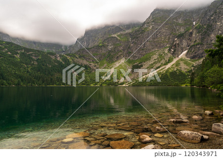 Alpine lake landscape, Morskie Oko or Sea Eye in high Tatras mountain of Tatra national park, Poland Alpine lake landscape, Morskie Oko or Sea Eye in high Tatras mountain of Tatra national park, Poland 120343971