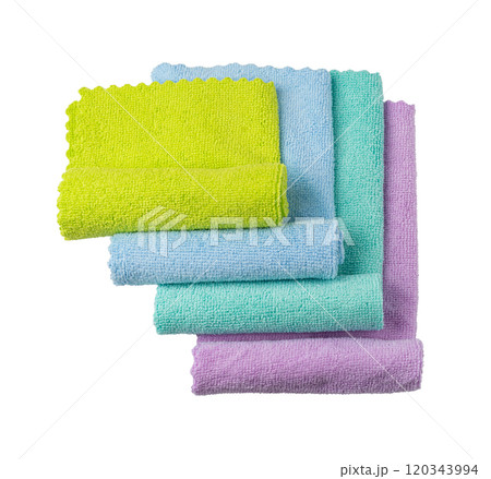 Cleaning cloth stack isolated. Wipe rag, cleaning microfiber towel, wiping cotton napkin, microfibre fabric 120343994