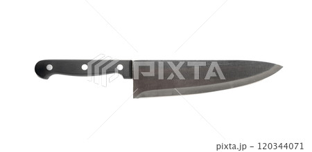 Steel Kitchen Knife Isolated, Convenient Kitchen Knives, Big Knife with a Black Handle on White Steel Kitchen Knife Isolated, Convenient Kitchen Knives, Big Knife with a Black Handle on White 120344071