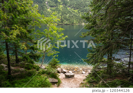Alpine lake landscape, Morskie Oko or Sea Eye in high Tatras mountain of Tatra national park, Poland 120344126