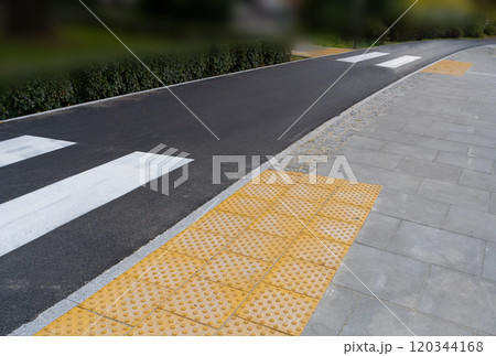 Paved Pedestrian Crossing, Grey White Crosswalk, Safety Zebra on Modern Tiles Pathway 120344168