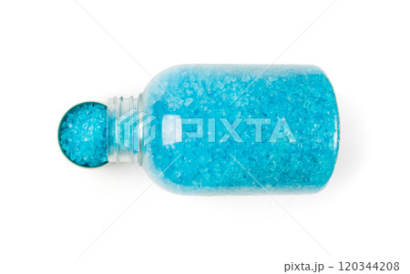 Blue Salt Crystals in Bottle Isolated, Bath Salt for Spa Relax, Cupric Sulfate or Copper Sulfate, Pool Algicide Blue Salt Crystals in Bottle Isolated, Bath Salt for Spa Relax, Cupric Sulfate or Copper Sulfate, Pool Algicide 120344208