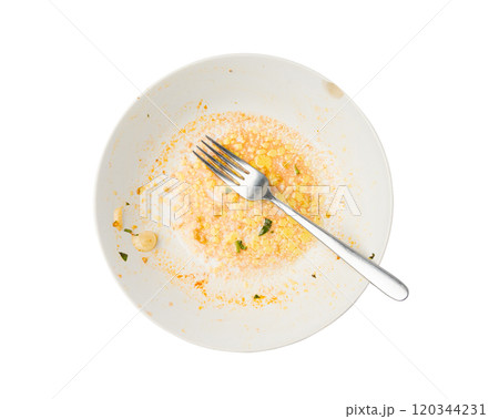 Dirty Plate Isolated, Empty Bowl after Dinner, Finished Lunch, Oil and Smeared Sauce on White Plate Dirty Plate Isolated, Empty Bowl after Dinner, Finished Lunch, Oil and Smeared Sauce on White Plate 120344231