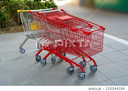 Shopping Cart, Abandoned Shopping Basket near the Supermarket, Red Shop Cart Outdoor, Empty Trolley Shopping Cart, Abandoned Shopping Basket near the Supermarket, Red Shop Cart Outdoor, Empty Trolley 120344284