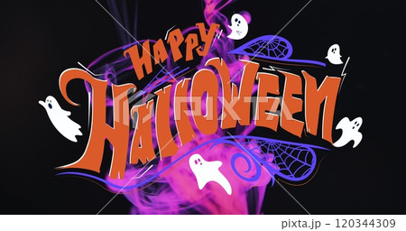 Image of happy halloween text and ghosts over pink and black background Image of happy halloween text and ghosts over pink and black background 120344309