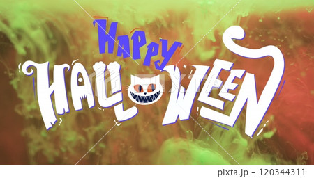Image of happy halloween text and cat over orange background Image of happy halloween text and cat over orange background 120344311