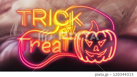 Image of trick or treat text and pumpkin over pink smoke background 120344315