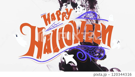 Image of happy halloween text over black and white background 120344316