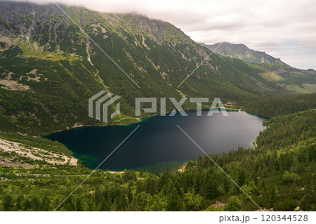 Alpine lake landscape, Morskie Oko or Sea Eye in high Tatras mountain of Tatra national park, Poland Alpine lake landscape, Morskie Oko or Sea Eye in high Tatras mountain of Tatra national park, Poland 120344528