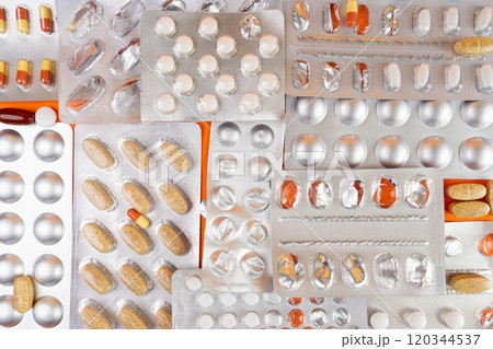 Pill Blister on Color Background, Silver Medicine Capsule Package, Drugs Packaging, Pill Pack 120344537