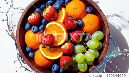 Fresh Fruits in a Wooden Bowl with Water Splash 120344629