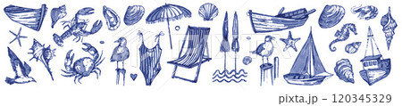 Summer vacation illustration set, vector hand drawn watercolor seashore travel objects, yacht, boat. 120345329