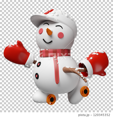 3d snowman in hat and warm mittens roller skating isolated. merry christmas, festive new year concept, 3d render illustration 120345352