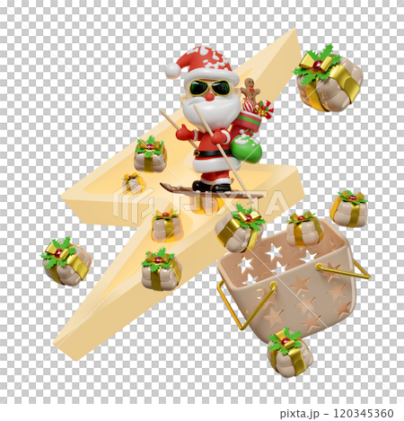 Santa Claus sunglasses skiing with thunderbolt, basket, gift box isolated. flash sale banner, online shopping, merry christmas, festive new year holiday concept, 3d render illustration 120345360