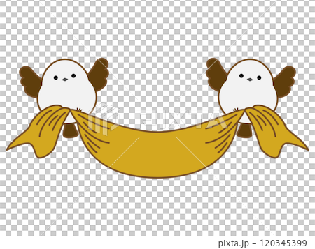 飛んでいるシマエナガとレトロなリボン 飛んでいるシマエナガとレトロなリボン 120345399