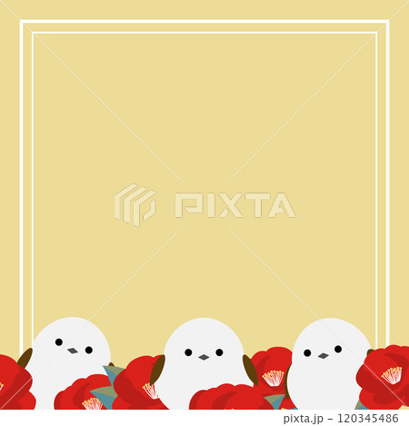 かわいいシマエナガと椿の花の背景 120345486