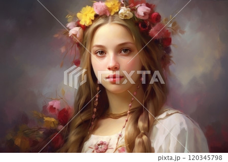 Young Ukrainian woman in national traditional clothes and wreath with flowers. A beautiful lady with a flower crown. In oil painting style. Ideal for art, fashion, beauty themes. Postcard, greeting Young Ukrainian woman in national traditional clothes and wreath with flowers. A beautiful lady with a flower crown. In oil painting style. Ideal for art, fashion, beauty themes. Postcard, greeting 120345798