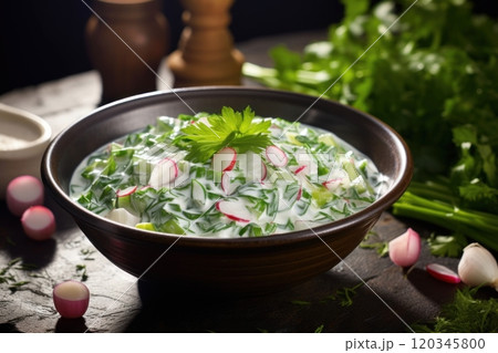 Bowl of okroshka. Traditional Ukrainian and Russian cold soup, made with vegetables, meat, sour cream. On wooden table. Close up. Ideal for restaurant menu, food blog, cookbook, bar or pub promotion. 120345800