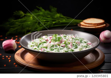 Bowl of okroshka. A traditional Ukrainian and Russian cold soup, made with vegetables, meat, sour cream. On wooden table. Close up. Ideal for restaurant menu, food blog, cookbook bar or pub promotion 120345801