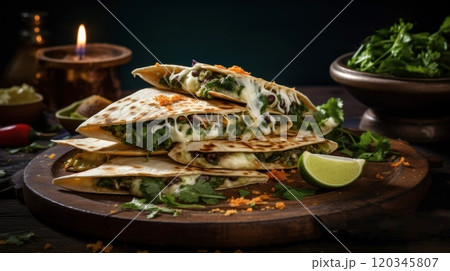 Plate of Mexican quesadillas with spinach and cheese, garnished with lime and herbs, presented on a wooden table against a dark background. Perfect for food and restaurant themes. 120345807