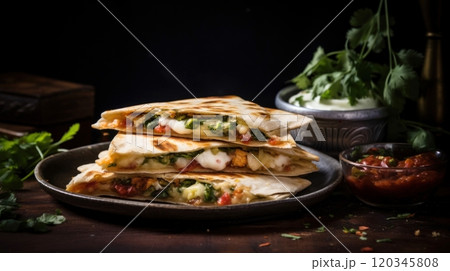 Plate of Mexican quesadillas with spinach and cheese, garnished with lime and herbs, presented on a wooden table against a dark background. Perfect for food and restaurant themes. 120345808
