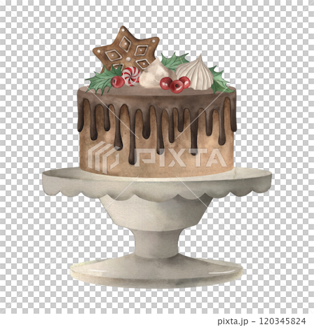 Chocolate cake decorated with sweets, berries and holly leaves, gingerbread on a white ceramic stand. The Christmas, festive dessert is hand-painted in watercolor on a white background. For packaging 120345824