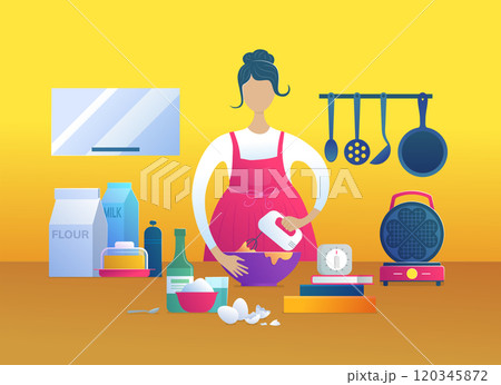 Woman in red apron preparing homemade waffles Woman in red apron preparing homemade waffles 120345872