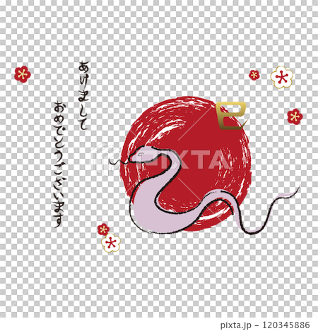 用毛筆和墨水繪製的日式蛇年新年賀卡插圖 120345886